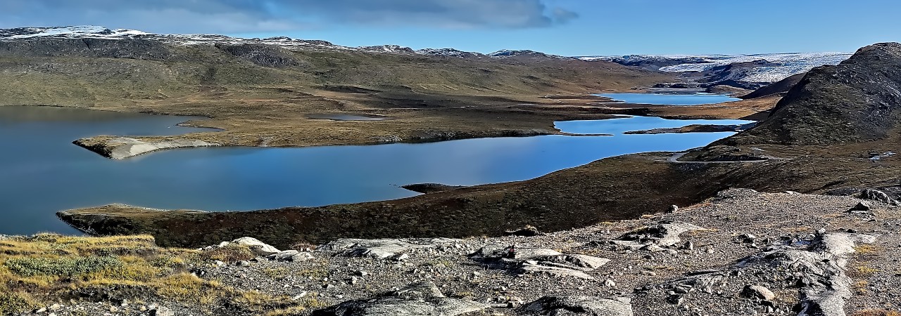 Looking back towards the Russell Glacier, Greenland, from the ridge. Ribbon lakes and mountains. Photo by Kieran Boyce.